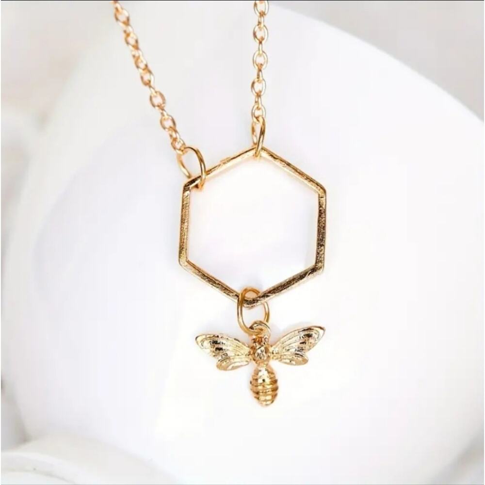 Bumble Bee Honeycomb Geometric Gold Tone Necklace